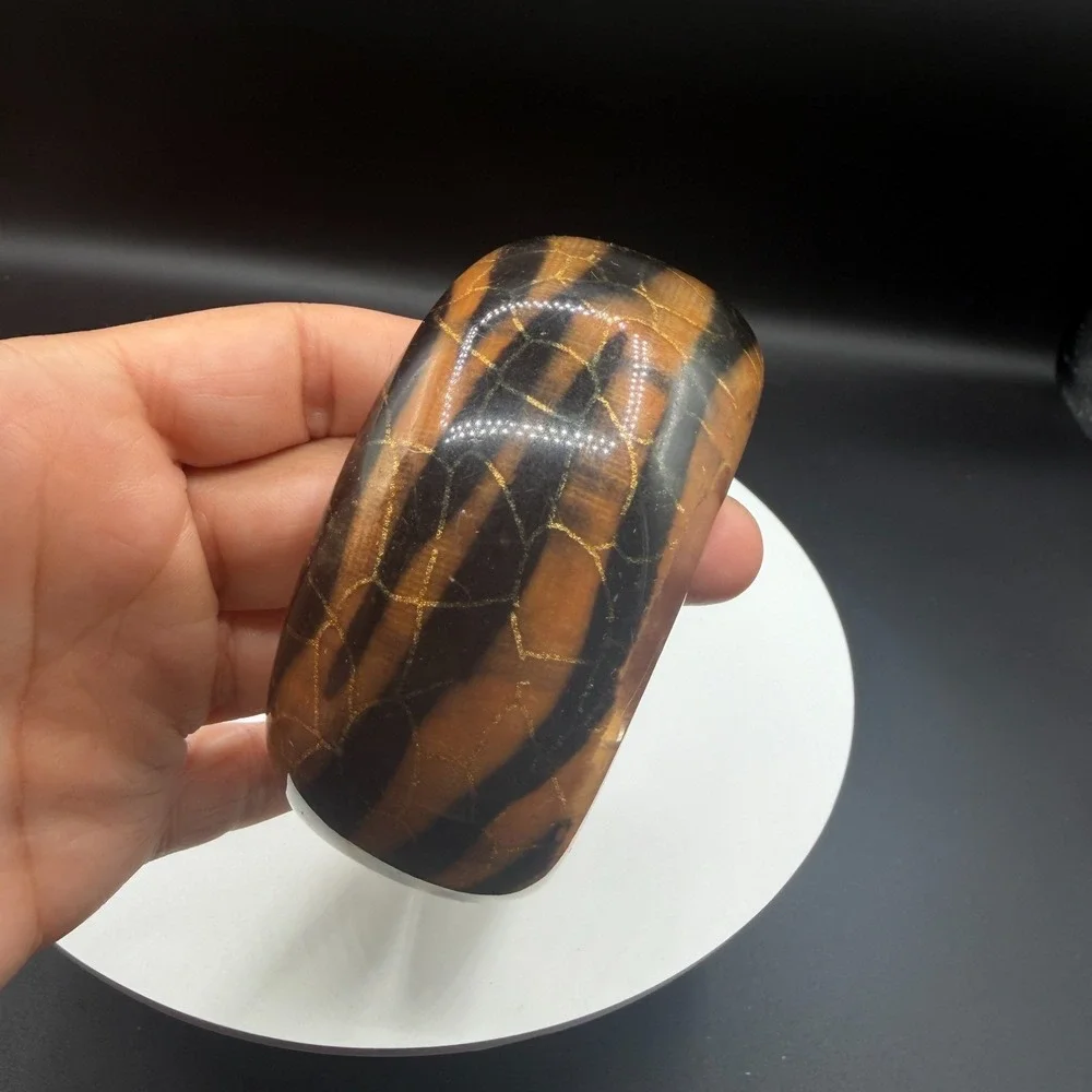 Chunky Brown Black Resin Bangle Bracelet Gold Tone Crackle Mosaic Boho Statement